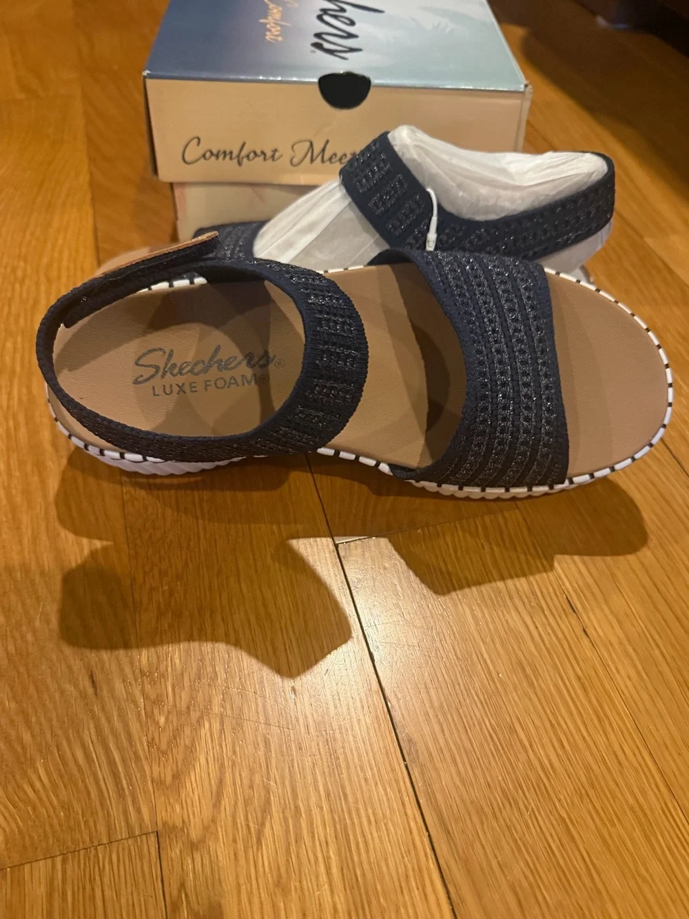 SKECHERS women’s Wilshire Blvd Summertime Inspo Navy Wedge Sandals